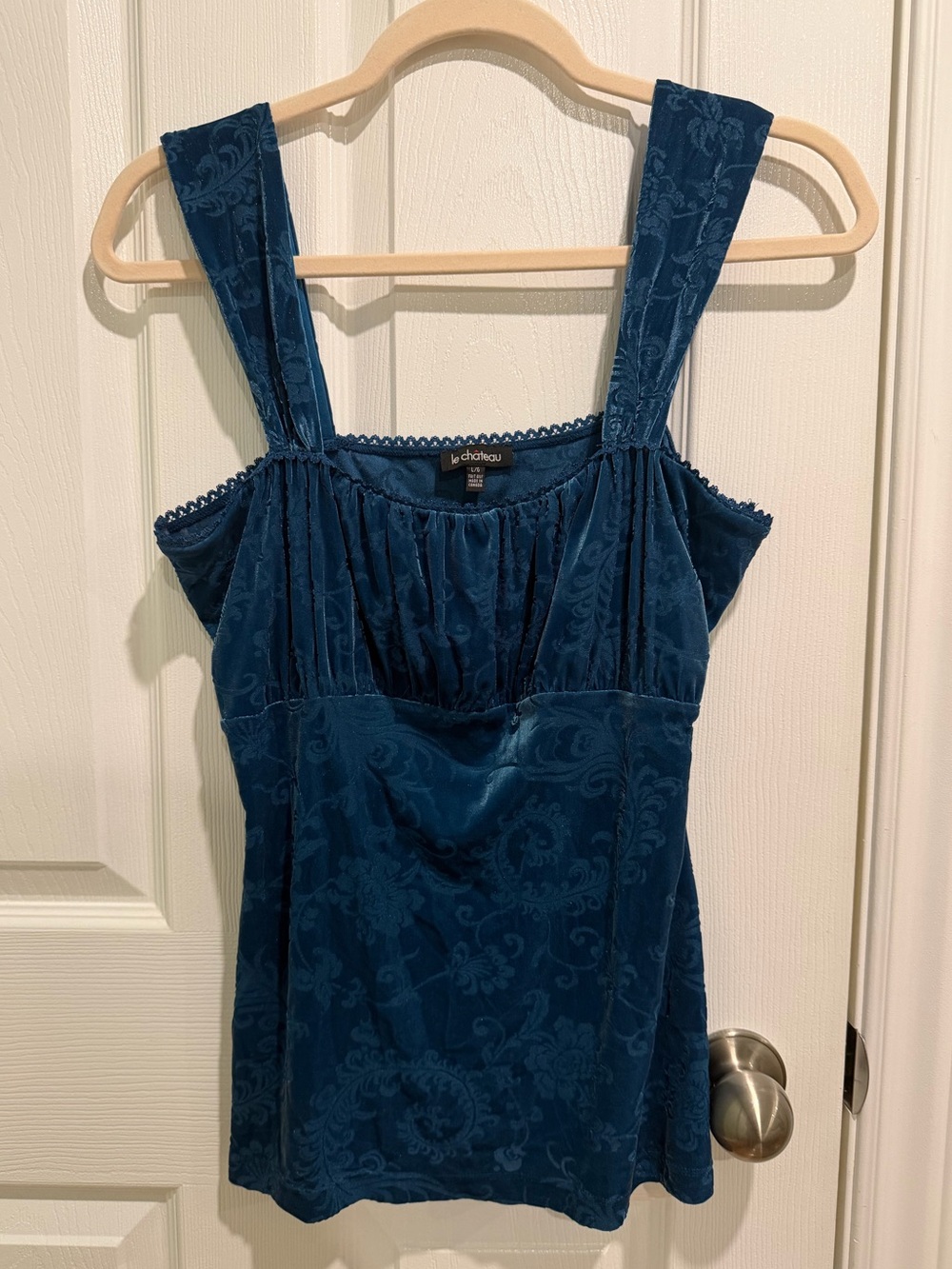 Y2K le chateau Teal Blue Velvet Jacquard Tank Top